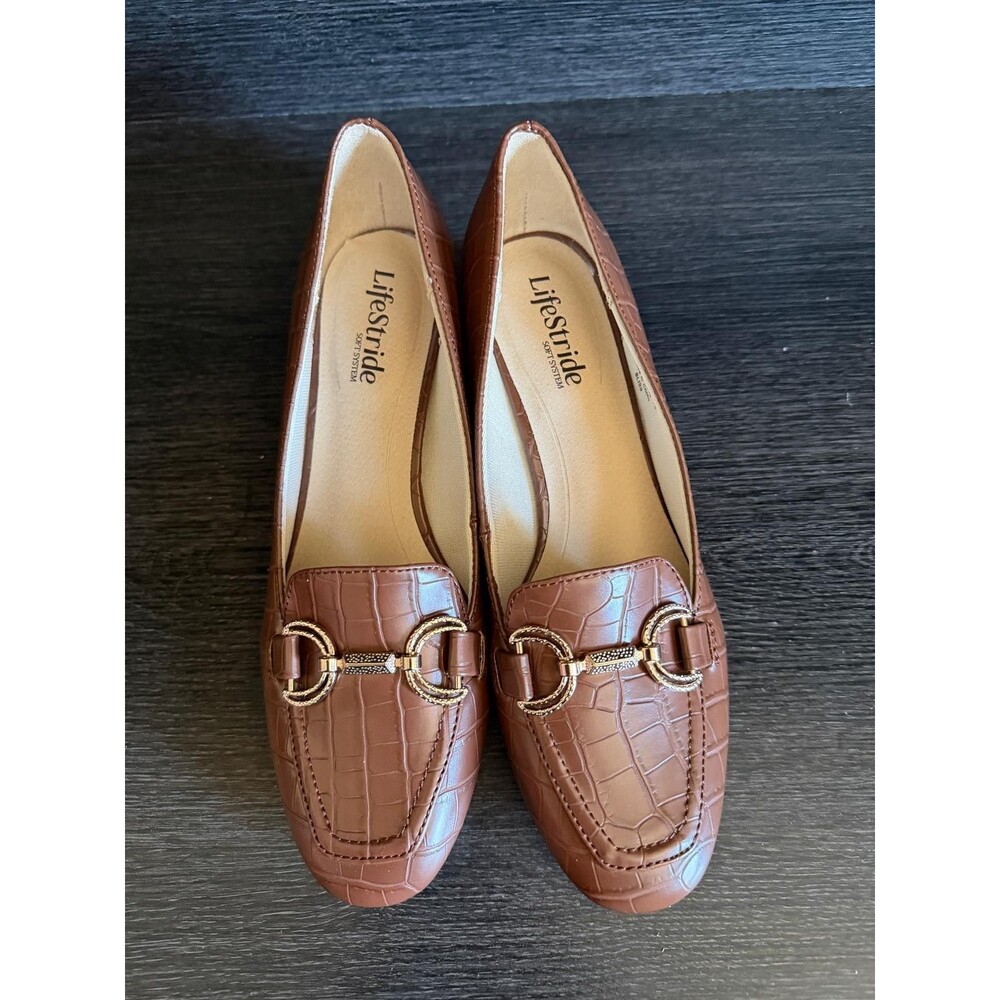 LifeStride Women’s Bliss Brown Croc Embossed Loafer Heels Size 8M